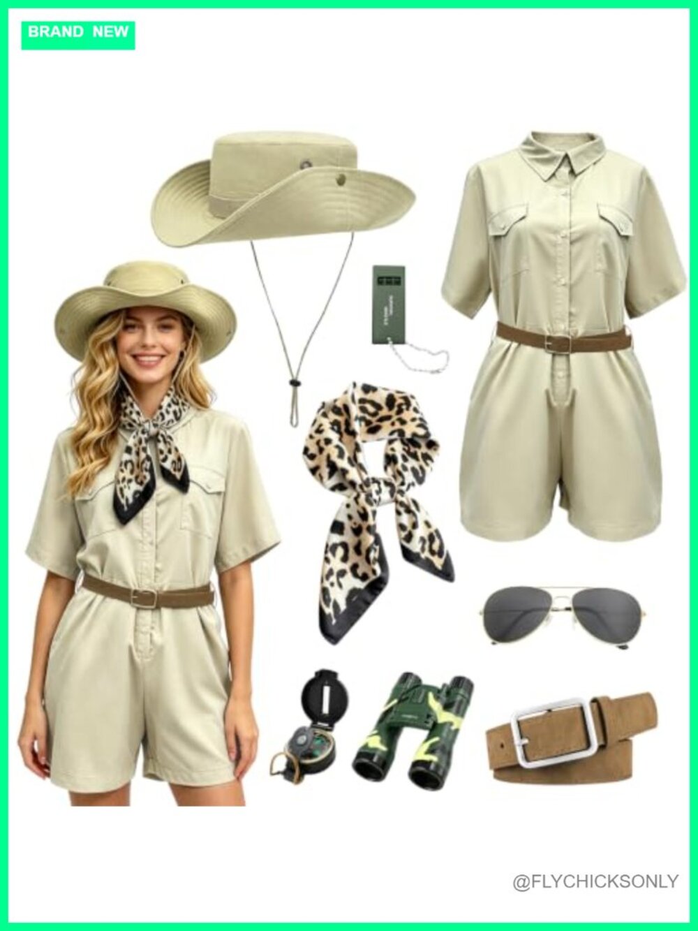 8 Piece Safari Costume Set for Women with Hat Scarf Accessories Jumpsuit